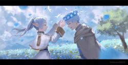 Rule 34 | 1boy, 1girl, awayoi ayame, blue flower, blue hair, blue sky, blurry, blurry foreground, capelet, cloak, closed eyes, cloud, cloudy sky, commentary request, cowboy shot, day, earrings, elf, falling petals, field, flower, flower field, frieren, from side, gold trim, green eyes, hands up, head wreath, high collar, highres, himmel (sousou no frieren), jewelry, letterboxed, long hair, long sleeves, looking at another, mole, mole under eye, mountainous horizon, open mouth, outdoors, petals, pointy ears, profile, skirt, skirt set, sky, smile, sousou no frieren, standing, tree, twintails, white capelet, white hair, white skirt