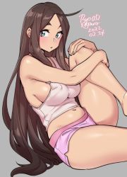 Rule 34 | 1girl, agawa ryou, ahoge, armpit crease, artist name, bare shoulders, blue eyes, breasts, brown hair, commentary, covered erect nipples, dated, english commentary, feet out of frame, grey background, hands on own legs, invisible chair, leg up, light blush, long hair, looking at viewer, medium breasts, midriff, navel, numbered, original, parted lips, pink shorts, pink tank top, short shorts, shorts, sideboob, sidelocks, simple background, sitting, solo, straight hair, tank top, thick eyebrows, very long hair