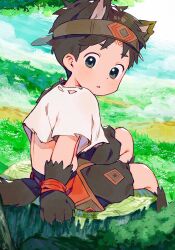Rule 34 | 1boy, blue sky, brown gloves, brown hair, child, cloud, cloudy sky, commentary, english commentary, gloves, highres, looking at viewer, looking back, male focus, mixed-language commentary, nemui (nemuriyagi), on grass, original, shirt, short hair, short sleeves, shorts, sitting on tree stump, sky, solo, tail, white shirt, wolf boy, wolf tail