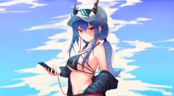 Rule 34 | 1girl, absurdres, aoria, arknights, bare shoulders, baseball cap, bikini, black bikini, black jacket, blue hair, breasts, ch&#039;en (arknights), ch&#039;en the holungday (arknights), closed mouth, commentary request, dragon horns, earphones, expressionless, eyewear on headwear, halterneck, hat, highres, holding, horns, horns through headwear, jacket, long hair, looking at viewer, low twintails, medium breasts, multi-strapped bikini, off shoulder, open clothes, open jacket, phone, red eyes, sidelocks, solo, stomach, string bikini, sunglasses, swimsuit, twintails, underboob, upper body, white hat