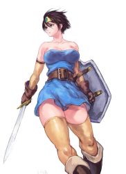 Rule 34 | 1girl, bare shoulders, belt, belt buckle, black hair, blue dress, breasts, brown belt, brown eyes, brown footwear, brown gloves, buckle, circlet, cleavage, closed mouth, collarbone, commentary request, covered erect nipples, detached sleeves, dragon quest, dragon quest iii, dress, gloves, hair between eyes, holding, holding shield, holding sword, holding weapon, impossible clothes, impossible dress, large breasts, looking away, looking to the side, roto (dq3), shield, short dress, short hair, shu-mai, simple background, solo, square enix, standing, strapless, strapless dress, sword, thighhighs, thighs, weapon, white background, yellow thighhighs