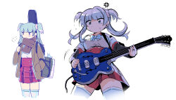Rule 34 | 1girl, anger vein, black sleeves, blue hair, breast pocket, closed mouth, earrings, electric guitar, guitar, hand in pocket, holding, holding instrument, instrument, instrument case, jewelry, kamihama university affiliated school uniform, kojima terashi, layered sleeves, long hair, long sleeves, magia record: mahou shoujo madoka magica gaiden, mahou shoujo madoka magica, minami rena, multiple views, pocket, red sailor collar, sailor collar, school uniform, serafuku, shirt, short over long sleeves, short sleeves, short twintails, simple background, skirt, sweatdrop, thighhighs, twintails, white background, white shirt