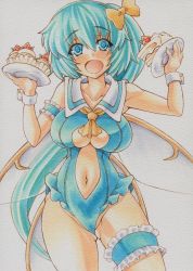 Rule 34 | 1girl, arm garter, bare shoulders, blue leotard, blush, bow, breasts, bridal garter, cake, cleavage, cleavage cutout, clothing cutout, cupcake, daiyousei, fairy wings, food, green eyes, green hair, hair bow, large breasts, leotard, marker (medium), matching hair/eyes, navel, open mouth, plate, side ponytail, simple background, slit pupils, smile, solo, touhou, traditional media, white background, wings, wrist cuffs, yutakasan-love