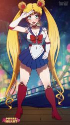 Rule 34 | 1girl, absurdres, artist name, bishoujo senshi sailor moon, blonde hair, blue sailor collar, blue skirt, blush, boots, bow, breasts, brooch, choker, cleavage, collarbone, contrapposto, cosplay, covered erect nipples, covered navel, crescent, crescent choker, crescent earrings, dated, diadem, double bun, earrings, elbow gloves, erkerut, female focus, floor, full body, gloves, green eyes, hair bun, hair ornament, hand on own hip, hand up, heart, high heel boots, high heels, highres, huge filesize, jewelry, knee boots, large breasts, leotard, long hair, long twintails, looking at viewer, magical girl, miniskirt, on floor, open mouth, patreon username, pleated skirt, puzzle piece, red bow, red choker, red footwear, sailor collar, sailor moon, salute, school uniform, serafuku, shiny skin, short sleeves, skirt, smile, solo, spread legs, standing, tiara, tongue, twintails, twitter username, very long hair, white gloves, white leotard, wooden floor