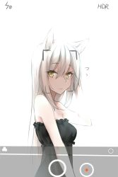 Rule 34 | 1girl, a479098236, absurdres, animal ears, arm at side, arm up, black dress, blush, camera, cat ears, closed mouth, dress, hair between eyes, hair over one eye, hand in own hair, highres, long hair, looking at viewer, simple background, solo, strapless, strapless dress, viewfinder, white background, white hair, yellow eyes