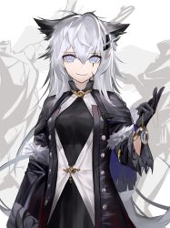 Rule 34 | 1girl, absurdres, animal ears, arknights, black gloves, black jacket, closed mouth, gloves, grey hair, highres, jacket, lappland (arknights), lappland (refined horrormare) (arknights), long hair, looking at viewer, official alternate costume, purple eyes, rivet (vvrn2825), scar, scar across eye, scar on face, simple background, smile, solo, standing, watch