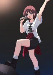 Rule 34 | 1girl, absurdres, arm up, black background, black footwear, black shorts, blue eyes, commentary, girls band cry, hand up, highres, holding, holding microphone, iseri nina, kurosti, microphone, music, open mouth, red hair, red skirt, shikai no sumi kuchiru oto, shirt, short twintails, shorts, singing, skirt, smile, solo, standing, twintails, white shirt