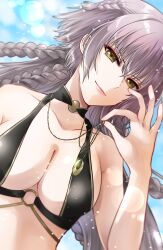 Rule 34 | 1girl, absurdres, ayamu (igakato), braid, breasts, cleavage, fate/grand order, fate (series), grey hair, highres, jeanne d&#039;arc alter (fate), jeanne d&#039;arc alter (swimsuit berserker) (fate), large breasts, long hair, looking at viewer, medium breasts, smile, solo, yellow eyes