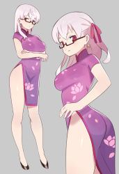 Rule 34 | 1girl, alternate costume, arms under breasts, ass, black footwear, blush, breasts, china dress, chinese clothes, closed mouth, dress, earrings, fate/grand order, fate (series), floral print, glasses, grey background, hair ribbon, highres, jewelry, kama (fate), kama (second ascension) (fate), large breasts, legs, long hair, looking at viewer, multiple views, pelvic curtain, purple dress, ribbon, short sleeves, side slit, silver hair, simple background, thighs, zenshin