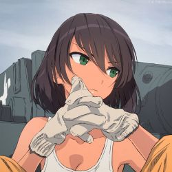 Rule 34 | 10s, 1girl, akagi (fmttps), artist name, breasts, brown hair, cleavage, closed mouth, commentary, dark-skinned female, dark skin, day, dress, emblem, girls und panzer, gloves, green eyes, hoshino (girls und panzer), interlocked fingers, jumpsuit, light smile, lips, looking to the side, mechanic, medium breasts, medium dress, military, military vehicle, motor vehicle, one-hour drawing challenge, orange jumpsuit, outdoors, own hands together, shirt, short hair, sitting, solo, swept bangs, tank, tank top, tiger (p), twitter username, uniform, white gloves, white shirt