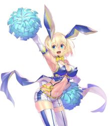 Rule 34 | 1girl, :d, animal ears, arm up, armpits, bare shoulders, belt, belt buckle, blonde hair, blue eyes, blush, bow, bowtie, breasts, buckle, cheerleader, cleavage, covered erect nipples, crop top, elbow gloves, etrian odyssey, gloves, holding, kemonomimi mode, leaning forward, looking at viewer, medium breasts, navel, open mouth, phalanx (sekaiju), pom pom (cheerleading), rabbit ears, rabbit tail, sekaiju no meikyuu, sekaiju no meikyuu 3, shorts, sideboob, simple background, sleeveless, smile, solo, standing, stomach, striped clothes, striped thighhighs, tail, takamine nadare, thighhighs, underbust, white background, white gloves, white shorts, yellow bow, yellow bowtie