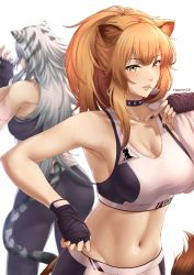 Rule 34 | 2girls, aliasing, animal ears, arknights, armpits, bad id, bad pixiv id, black choker, black gloves, black nails, blonde hair, breasts, choker, cleavage, collarbone, commentary, fingerless gloves, from behind, gloves, grey hair, indra (arknights), large breasts, leopard ears, leopard tail, lion ears, lion tail, long hair, looking at viewer, midriff, mouth hold, multiple girls, nail polish, navel, ponytail, raemn (raemn2d), siege (arknights), simple background, sports bra, sportswear, stomach, sweat, tail, white background, yellow eyes