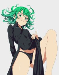 Rule 34 | 1girl, black dress, black panties, breasts, clothes lift, dress, dress lift, green eyes, green hair, highres, lifted by self, medium hair, one-punch man, panties, side slit, simple background, small breasts, solo, suitenan, tatsumaki, underwear