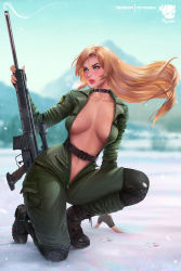 Rule 34 | 1girl, black footwear, black gloves, blonde hair, blue eyes, blurry, blurry background, boots, breasts, breath, collar, collarbone, combat boots, commentary, day, fingerless gloves, fingernails, full body, gloves, gun, h&amp;k psg1, highres, kneeling, konami, lips, logo, long hair, looking away, medium breasts, metal gear (series), metal gear solid, military, military uniform, navel, no bra, on one knee, open clothes, outdoors, parted lips, prywinko, rifle, shiny skin, signature, sniper rifle, sniper wolf, snow, snowing, solo, stomach, uniform, weapon, zipper, zipper pull tab