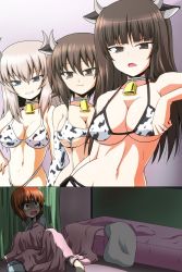 Rule 34 | 4girls, animal ears, animal print, bed, bikini, blunt bangs, brown eyes, brown hair, commentary request, cow ears, cow print, cowboy shot, curtains, dilated pupils, fake animal ears, frown, girls und panzer, gloom (expression), grey eyes, grin, hand on own hip, highleg, highleg bikini, highleg swimsuit, highres, horns, itsumi erika, kamishima kanon, long hair, lowleg, lowleg bikini, mother and daughter, multiple girls, neck bell, nishizumi maho, nishizumi miho, nishizumi shiho, pajamas, print bikini, shadow, short hair, siblings, side-by-side, side-tie bikini bottom, silver hair, sisters, skindentation, smile, swimsuit, trembling, white bikini