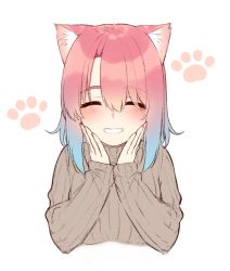 Rule 34 | 1girl, ^ ^, animal ears, blue hair, blush, brown sweater, cat ears, closed eyes, commentary request, cropped torso, facing viewer, go-1, gradient hair, grin, hair between eyes, hair over one eye, hands on own face, hands up, highres, multicolored hair, original, pink hair, ribbed sweater, simple background, smile, solo, sweater, upper body, white background