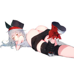 Rule 34 | 1girl, aak, absurdres, anus, ass, bad id, bad pixiv id, bare shoulders, bike shorts, black hat, black shorts, blush, blush stickers, brown eyes, cleft of venus, closed mouth, clothes pull, g11 (girls&#039; frontline), girls&#039; frontline, grey tank top, hair between eyes, hat, highres, knee pads, long hair, looking at viewer, looking back, lying, on stomach, pussy, pussy peek, red footwear, shadow, shoes, short shorts, shorts, shorts pull, silver hair, solo, tank top, white background