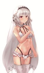 Rule 34 | 1girl, altera (fate), bad id, bad pixiv id, bare arms, bare shoulders, bikini, bikini skirt, bnari, breasts, cowboy shot, crotch seam, dark-skinned female, dark skin, fate/extella, fate/extra, fate (series), garter straps, halterneck, hand on own chest, highleg, highleg bikini, highres, looking at viewer, navel, red eyes, short hair, silver hair, simple background, small breasts, solo, stomach, swimsuit, thighhighs, thighs, veil, white background, white bikini, white thighhighs