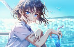 Rule 34 | 1girl, bird, blue bow, blue bowtie, blue eyes, blue sky, blurry, blurry background, blush, bow, bowtie, brown hair, closed mouth, collared shirt, commentary request, cup, earrings, highres, holding, holding cup, jewelry, leaning forward, looking at viewer, morikura en, ocean, original, outdoors, railing, school uniform, seagull, shirt, short hair, short sleeves, sky, smile, solo, standing, water, white shirt