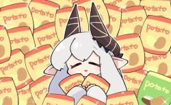 Rule 34 | 1girl, arknights, blush, chibi, chips (food), closed eyes, commentary request, food, grey hair, holding, holding food, horns, long hair, mooootmt, mudrock (arknights), hugging object, open mouth, pointy ears, potato chips, solo, upper body