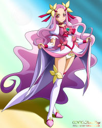 Rule 34 | 10s, 1girl, artist name, bad id, bad pixiv id, blush, boots, breasts, brooch, choker, cure flower, dress, flower, hair flower, hair ornament, hanasaki kaoruko, heart, heart brooch, heartcatch precure!, highres, jewelry, long hair, looking at viewer, magical girl, onoe, panties, pink eyes, pink hair, precure, smile, solo, standing, thigh boots, thighhighs, underwear, white panties, wrist cuffs
