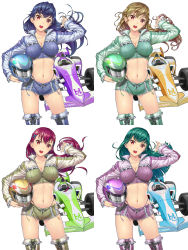 Rule 34 | &gt;:d, 4girls, :d, blue hair, boots, breasts, brown hair, car, cleavage, collarbone, cropped jacket, frills, green hair, helmet, highres, hisho collection, holding, holding helmet, komase (jkp423), large breasts, long hair, midriff, motor vehicle, multiple girls, navel, open mouth, race vehicle, racecar, red eyes, red hair, ribbon, short shorts, shorts, simple background, smile, thigh boots, thighhighs, v-shaped eyebrows, white background, zipper