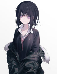 Rule 34 | 1girl, black hair, buttons, cardigan, closed mouth, collarbone, flower knot, fur collar, hair between eyes, haizome senri, highres, jacket, long sleeves, looking at viewer, neck ribbon, off shoulder, original, partially unbuttoned, purple eyes, ribbon, short hair, simple background, solo, upper body, white background, wing collar, zipper, zipper pull tab