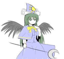 Rule 34 | 1girl, bow, capelet, crescent, dress, green eyes, green hair, hat, kita (higan), long hair, matching hair/eyes, mima (touhou), simple background, solo, staff, touhou, touhou (pc-98), wings, wizard hat