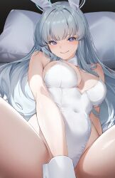 1girl amagimei animal_ears bare_shoulders blue_archive blunt_bangs blush breasts cleavage closed_mouth covered_navel fake_animal_ears grey_hair halo highleg highleg_leotard highres large_breasts leotard long_hair looking_at_viewer lying mismatched_pupils no_bra noa_(blue_archive) on_back on_bed pillow playboy_bunny purple_eyes rabbit_ears sidelocks smile solo spread_legs strapless strapless_leotard sweat thighs very_long_hair white_leotard wrist_cuffs