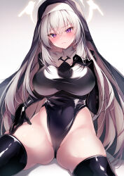 Rule 34 | 1girl, absurdres, black thighhighs, blue archive, blush, breasts, closed mouth, coif, cowboy shot, grey hair, groin, habit, hair between eyes, halo, highres, large breasts, long hair, looking at viewer, nenobi (nenorium), nun, purple eyes, sakurako (blue archive), solo, thighhighs, yellow halo