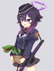 Rule 34 | 1girl, :d, aku oribi, badge, blue archive, carrying, commentary request, empty eyes, gradient hair, grey background, gun, hair between eyes, hair ornament, hairclip, haruka (blue archive), hat, highres, long sleeves, looking at viewer, multicolored hair, open mouth, plant, pleated skirt, potted plant, purple eyes, school uniform, short hair, shotgun, sidelocks, simple background, skirt, smile, solo, two-tone hair, venus flytrap, weapon