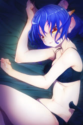Rule 34 | 1girl, animal ears, bed sheet, black bra, black panties, blue hair, bra, breasts, cat ears, cat tail, closed mouth, collarbone, fang, fang out, from above, groin, hair between eyes, hair ornament, hairclip, highres, lying, medium breasts, medium hair, navel, on side, panties, pointy ears, precure, rikito1087, smile, solo, star twinkle precure, strap gap, tail, underwear, underwear only, yellow eyes, yuni (precure)