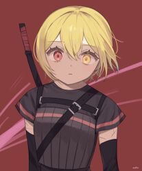 Rule 34 | 1girl, alternate eye color, black gloves, black shirt, blonde hair, chest harness, closed mouth, don quixote (project moon), elbow gloves, empty eyes, expressionless, gloves, harness, heterochromia, highres, katana, limbus company, looking at viewer, love mintchoco, project moon, red background, red eyes, shirt, short hair, short sleeves, simple background, solo, sword, upper body, weapon, yellow eyes