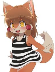 Rule 34 | 1boy, :3, :d, animal ear fluff, animal ears, animal nose, bare shoulders, black dress, blush, body fur, brown fur, brown hair, child, commentary, cowboy shot, dagashi (daga2626), dog, dog boy, dog ears, dog tail, dress, fangs, furry, furry male, hair between eyes, highres, long hair, looking at viewer, male focus, open mouth, orange fur, original, perro-kun (dagasi), simple background, smile, solo, standing, striped clothes, striped dress, tail, trap, two-tone dress, two-tone fur, white background, white dress, yellow eyes