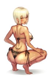 Rule 34 | 1girl, ass, back, back tattoo, bad id, bad pixiv id, bare arms, bare back, bare legs, bare shoulders, barefoot, bikini, blonde hair, blush, breasts, brown ribbon, camouflage, camouflage bikini, covered erect nipples, dark-skinned female, dark skin, dimples of venus, from behind, full body, hand on own hip, heart, heart tattoo, jagaimo (kkamja), large breasts, looking at viewer, looking back, micro bikini, open mouth, orange eyes, original, ribbon, shiny skin, short hair, shoulder blades, side-tie bikini bottom, sideboob, simple background, soles, solo, spread legs, squatting, swimsuit, tattoo, tramp stamp, tsurime, water, wet, white background