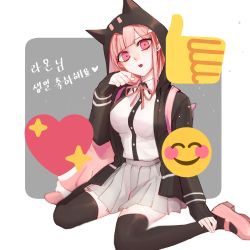 Rule 34 | 1girl, :o, animal bag, backpack, bag, black jacket, black shirt, black thighhighs, blouse, breasts, cat bag, collared shirt, commentary request, danganronpa (series), danganronpa 2: goodbye despair, dress shirt, emoji, grey background, hair ornament, hairclip, hand up, heart, highres, hood, hood up, hooded jacket, jacket, large breasts, looking at viewer, mary janes, medium hair, nanami chiaki, neck ribbon, open mouth, pink eyes, pink footwear, pink ribbon, pleated skirt, raonal97, red ribbon, ribbon, shirt, shirt tucked in, shoes, sitting, skirt, sleeves past wrists, smile, solo, teeth, thighhighs, thumbs up, translation request, upper teeth only, wariza, white background, white shirt, zettai ryouiki