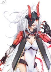 Rule 34 | 1girl, absurdres, armored gloves, artery gear, artery gear: fusion, breasts, claws, cleavage, commentary request, dress, fang, hair between eyes, highres, horns, long hair, mask, medium breasts, messy hair, oni mask, open mouth, red eyes, shura (artery gear), signature, white background, white dress, white hair, yukiguni kitsune
