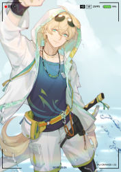 Rule 34 | 1548340411, 1boy, absurdres, ahoge, animal ears, arknights, black legwear, black wristband, blonde hair, blue background, blue eyes, blue shirt, chinese commentary, closed mouth, collarbone, commentary request, cowboy shot, dog boy, dog ears, dog tail, eyewear on head, fanny pack, highres, holster, hood, hood up, hooded jacket, jacket, jewelry, light smile, long sleeves, looking at viewer, male focus, necklace, partial commentary, recording, shirt, short hair, shorts, solo, splashing, sunglasses, tail, tequila (arknights), thigh holster, viewfinder, white jacket, white shorts