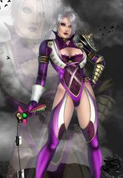 Rule 34 | 1girl, armor, blue eyes, breasts, cleavage, female focus, gloves, gradient background, hair over one eye, isabella valentine, large breasts, lips, lipstick, makeup, revealing clothes, short hair, solo, soul calibur, soulcalibur, soulcalibur v, sword, weapon, white hair, zoom layer