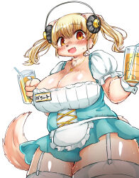 Rule 34 | 1girl, animal ears, apron, artist name, blonde hair, blush, breasts, brown eyes, cleavage, commentary request, cosplay, cowboy shot, cup, drink, drinking straw, fang, furry, furry female, headphones, highres, holding, holding cup, holding drink, jewelry, kinokoningen, large breasts, long hair, looking at viewer, name tag, necklace, nitroplus, open mouth, plump, short sleeves, simple background, solo, star (symbol), star necklace, super pochaco, sweat, tail, tareme, thick thighs, thighhighs, thighs, translation request, twintails, waist apron, white background, white wrist cuffs, wrist cuffs