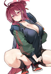 Rule 34 | 1girl, absurdres, alternate costume, ass, black jacket, blue archive, breasts, cleavage, hair between eyes, hair bun, hair ornament, halo, highres, hood, hooded jacket, jacket, large breasts, long hair, long sleeves, looking at viewer, mendou kusai, mole, mole on collarbone, mole on thigh, mole under eye, parted lips, red eyes, red hair, reijo (blue archive), shoes, sidelocks, simple background, single side bun, sneakers, solo, squatting, white background