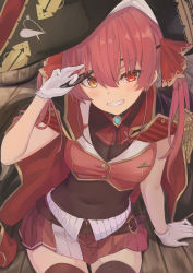 Rule 34 | 1girl, arm support, ascot, bicorne, black coat, black thighhighs, cleavage, coat, coat on shoulders, covered navel, crop top, eyepatch, eyepatch lift, gloves, grin, hair between eyes, hair ribbon, hand up, hat, highres, hololive, houshou marine, kiukoma, leotard, leotard under clothes, long hair, looking at viewer, miniskirt, parted lips, pirate hat, red eyes, red hair, red shirt, red skirt, ribbon, see-through, see-through cleavage, shirt, sitting, skirt, smile, solo, thighhighs, twintails, virtual youtuber, white gloves, yellow eyes