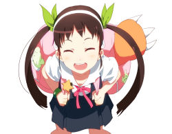 Rule 34 | 1girl, backpack, bag, bakemonogatari, bow, bracelet, closed eyes, commentary request, hachikuji mayoi, hair bow, hairband, jewelry, long hair, monogatari (series), ogipote, open mouth, shirt, simple background, skirt, smile, solo, star (symbol), twintails, white background