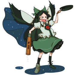 Rule 34 | 1girl, :d, arm cannon, black eyes, black hair, black legwear, blouse, bow, evil smile, frying pan, full body, green shirt, green skirt, hair bow, holding, long hair, looking at viewer, open mouth, reiuji utsuho, shirt, short sleeves, simple background, skirt, smile, solo, standing, touhou, uewtsol, weapon, white background, wings