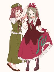 Rule 34 | 2girls, arms up, black bow, blunt bangs, boots, bow, brown dress, brown footwear, brown hair, clothes lift, commentary request, cosplay, cross-laced footwear, dress, dress lift, full body, green eyes, green hair, green hat, green skirt, hair bow, hair ribbon, hat, highres, hong meiling, hong meiling (cosplay), kagiyama hina, kagiyama hina (cosplay), lace-up boots, lifted by self, long skirt, multiple girls, nishida satono, open mouth, parted bangs, puffy short sleeves, puffy sleeves, red dress, red eyes, red ribbon, ribbon, shikido (khf), shoes, short sleeves, sidelocks, simple background, skirt, smile, standing, star (symbol), teireida mai, touhou, white background, wrist ribbon