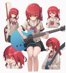 Rule 34 | &gt; &lt;, 1girl, :d, absurdres, black skirt, blush, bocchi the rock!, bow, bowtie, closed mouth, collarbone, electric guitar, green eyes, guitar, guitar case, hair between eyes, hair over shoulder, highres, holding, holding instrument, instrument, instrument case, kita ikuyo, long sleeves, looking at viewer, looking down, lunia, medium hair, multiple views, one eye closed, one side up, open mouth, pink bow, pleated skirt, red hair, school uniform, serious, shirt, sidelocks, simple background, sitting, skirt, smile, standing, sweatdrop, white background, yellow shirt