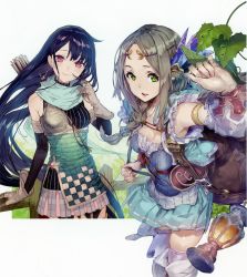 Rule 34 | 2girls, absurdres, arrow (projectile), atelier (series), atelier firis, black hair, blush, boots, firis mistlud, gloves, green eyes, hair ornament, highres, huge filesize, liane mistlud, long hair, looking at viewer, multiple girls, noco (adamas), official art, outdoors, pleated skirt, quiver, red eyes, scan, skirt, smile, thigh boots, thighhighs, very long hair, yuugen
