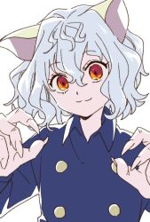 Rule 34 | 1other, :3, animal ears, cat ears, curly hair, hair between eyes, highres, hunter x hunter, looking at viewer, namori, neferpitou, other focus, red eyes, short hair, simple background, smile, solo, upper body, white background, white hair