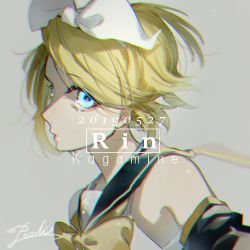 Rule 34 | 1girl, 2019, arms at sides, backlighting, bare shoulders, black sailor collar, blonde hair, blue eyes, character name, chromatic aberration, close-up, dated, detached sleeves, expressionless, eyelashes, floating hair, glowing, glowing eyes, grey background, hair ribbon, kagamine rin, lips, looking at viewer, musical note, neck ribbon, pecchii, profile, ribbon, sailor collar, shaded face, shiny skin, shirt, short hair, signature, simple background, sleeveless, sleeveless shirt, solo, text focus, treble clef, upper body, vocaloid, white ribbon, white shirt, yellow ribbon
