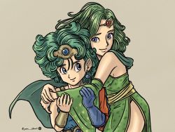 Rule 34 | 2girls, aged up, blue eyes, cape, closed mouth, crossover, detached sleeves, dragon quest, dragon quest iv, earrings, final fantasy, final fantasy iv, gloves, green hair, hair ornament, heroine (dq4), highres, jewelry, long hair, looking at viewer, multiple girls, rydia (ff4), simple background, single glove, slime (dragon quest), smile, yuto sakurai